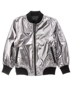 A silver jacket is shown with black trim.