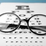 A pair of glasses sitting on top of an eye chart.