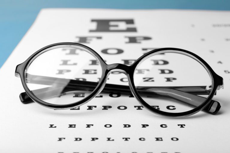 A pair of glasses sitting on top of an eye chart.