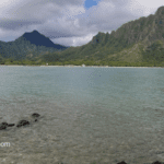 A body of water with mountains in the background.