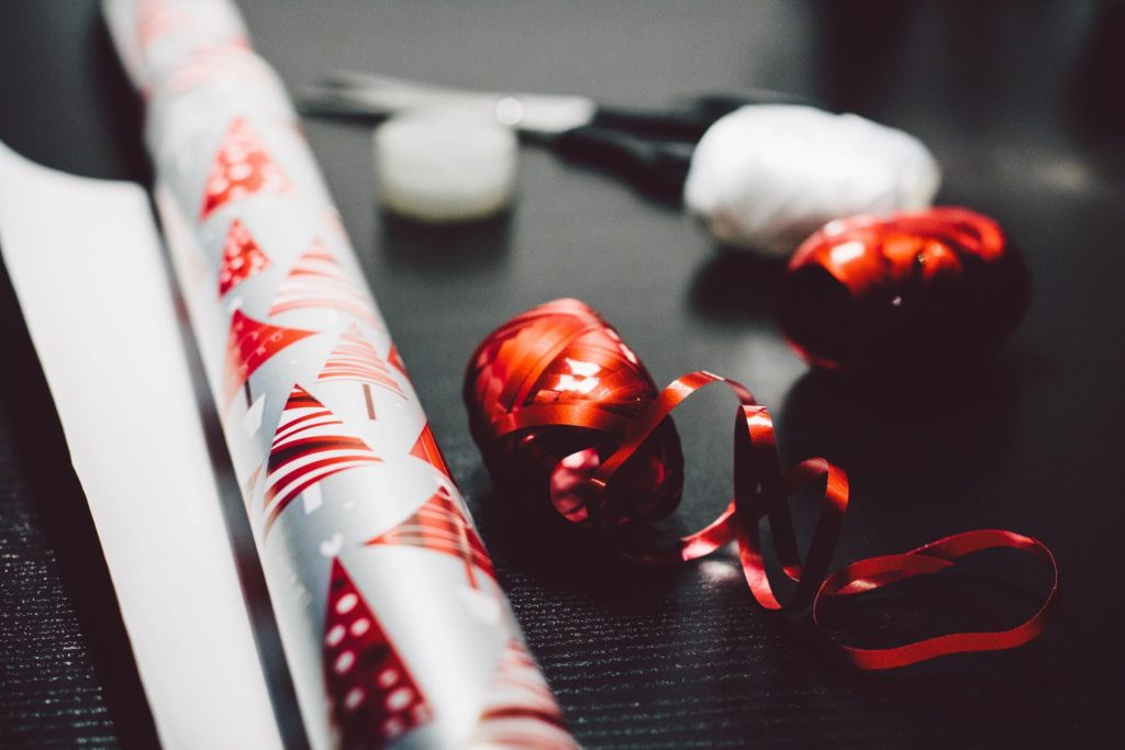 A close up of wrapping paper and ribbon