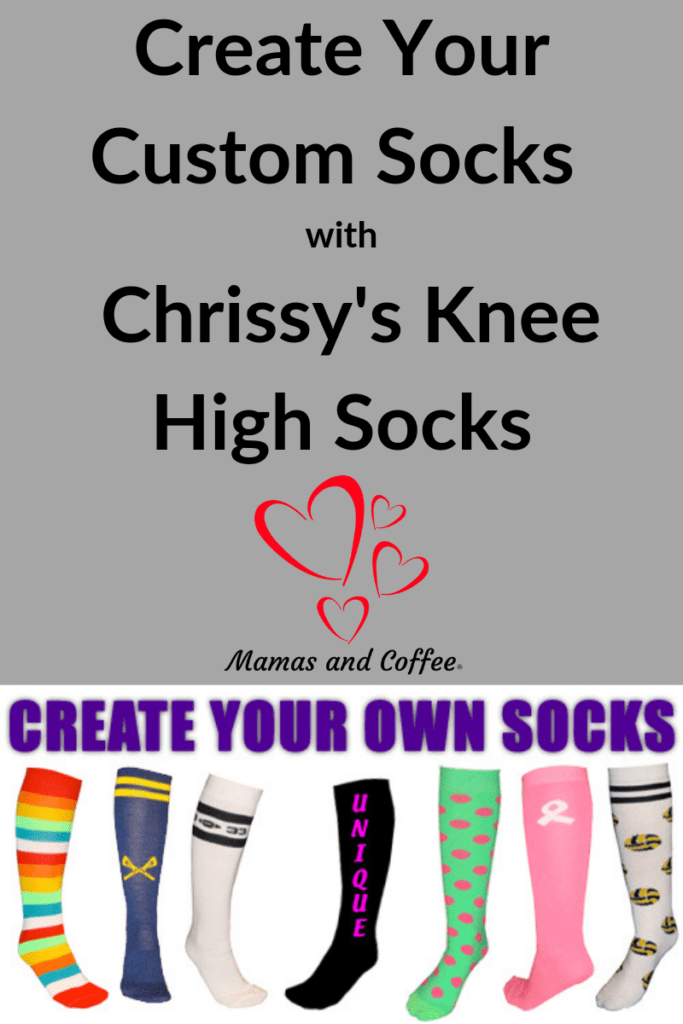 A picture of some socks with the words " custom socks with chrissy 's knee high socks ".