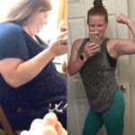 A woman is taking a picture of her weight and then she 's flexing.