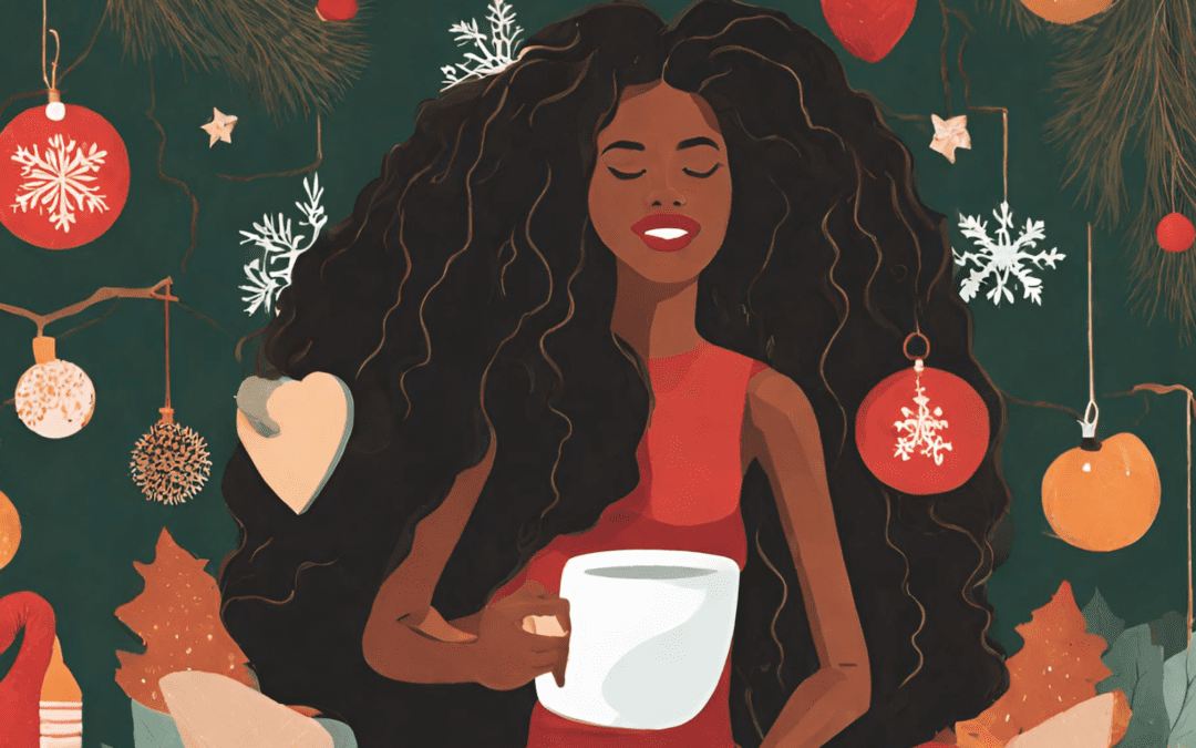A black woman holding a cup of coffee in front of christmas decorations.